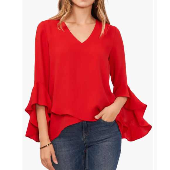 Vince Camuto Womens Long Ruffle Sleeve Blouse V Neck Dark Red Size S 10893 - Picture 1 of 2